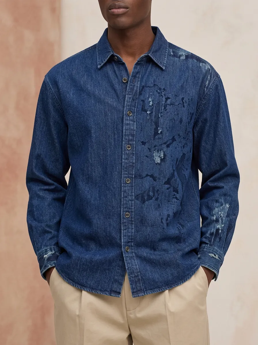 Men's Distressed Abstract Ink Splatter Denim Shirt