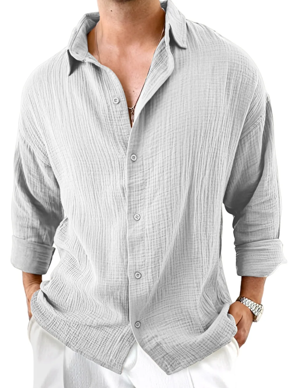 Roomy Long Sleeve Camp Collar Pleated Front Shirt