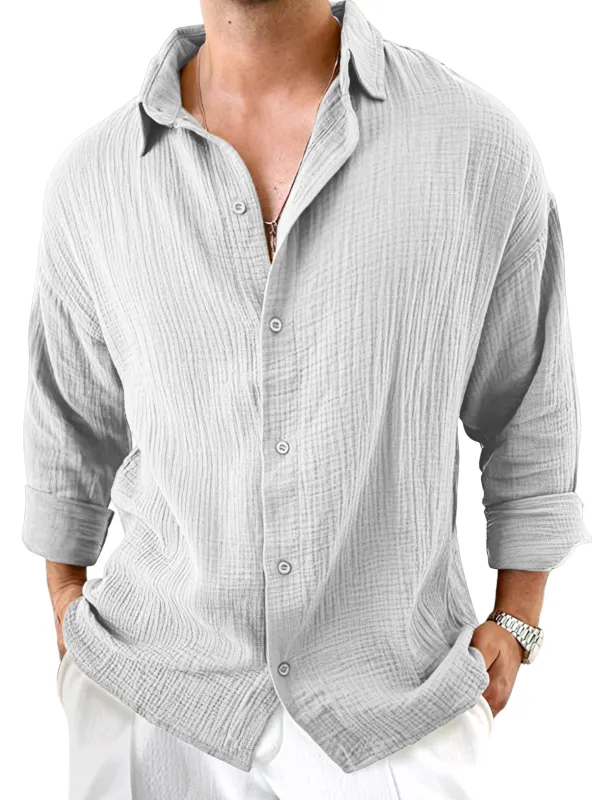 Roomy Long Sleeve Camp Collar Pleated Front Shirt