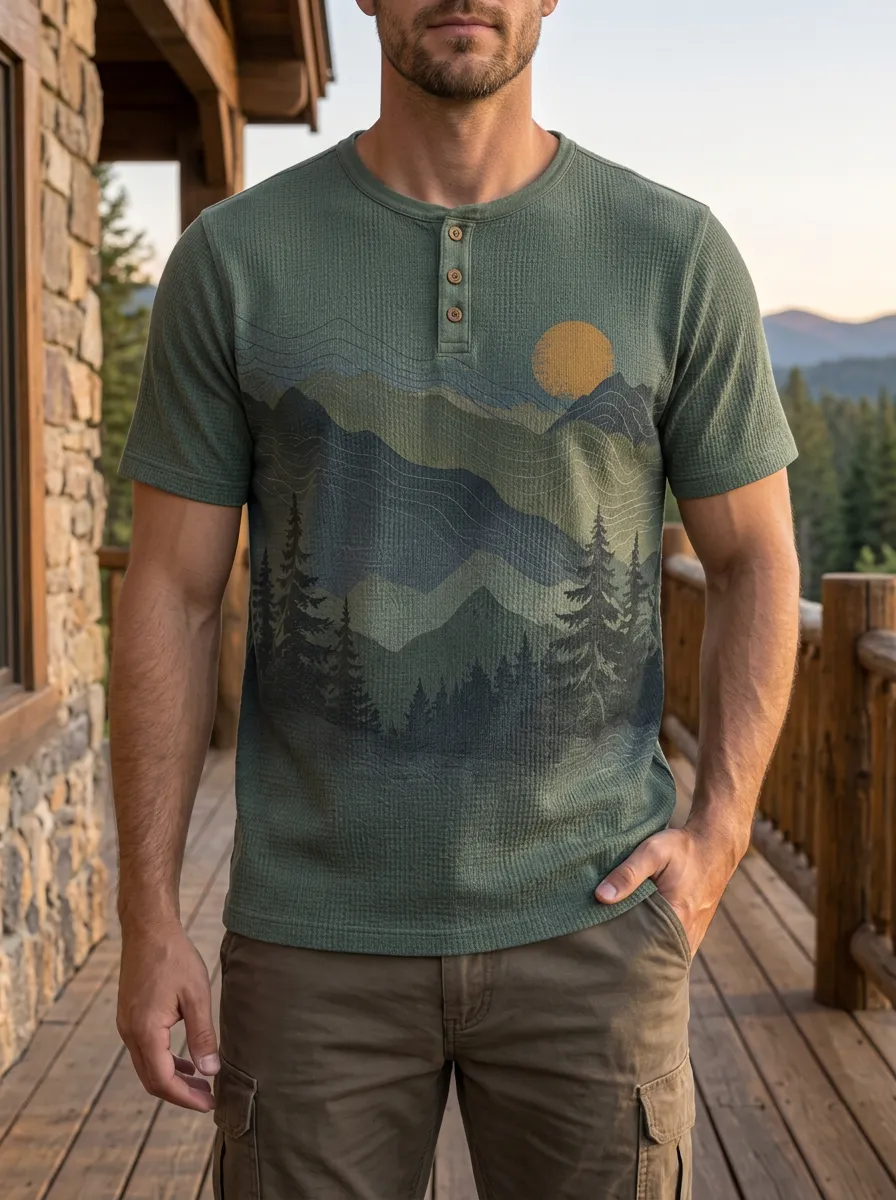 Men's Artful Nature Lover Mountain Forest Henley T-Shirt