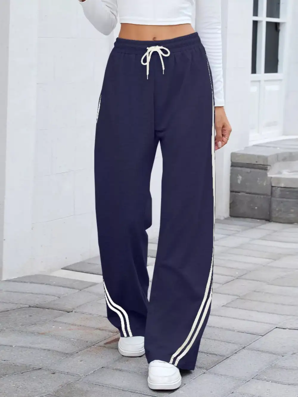 Wide Leg Striped Drawstring Everyday Pants