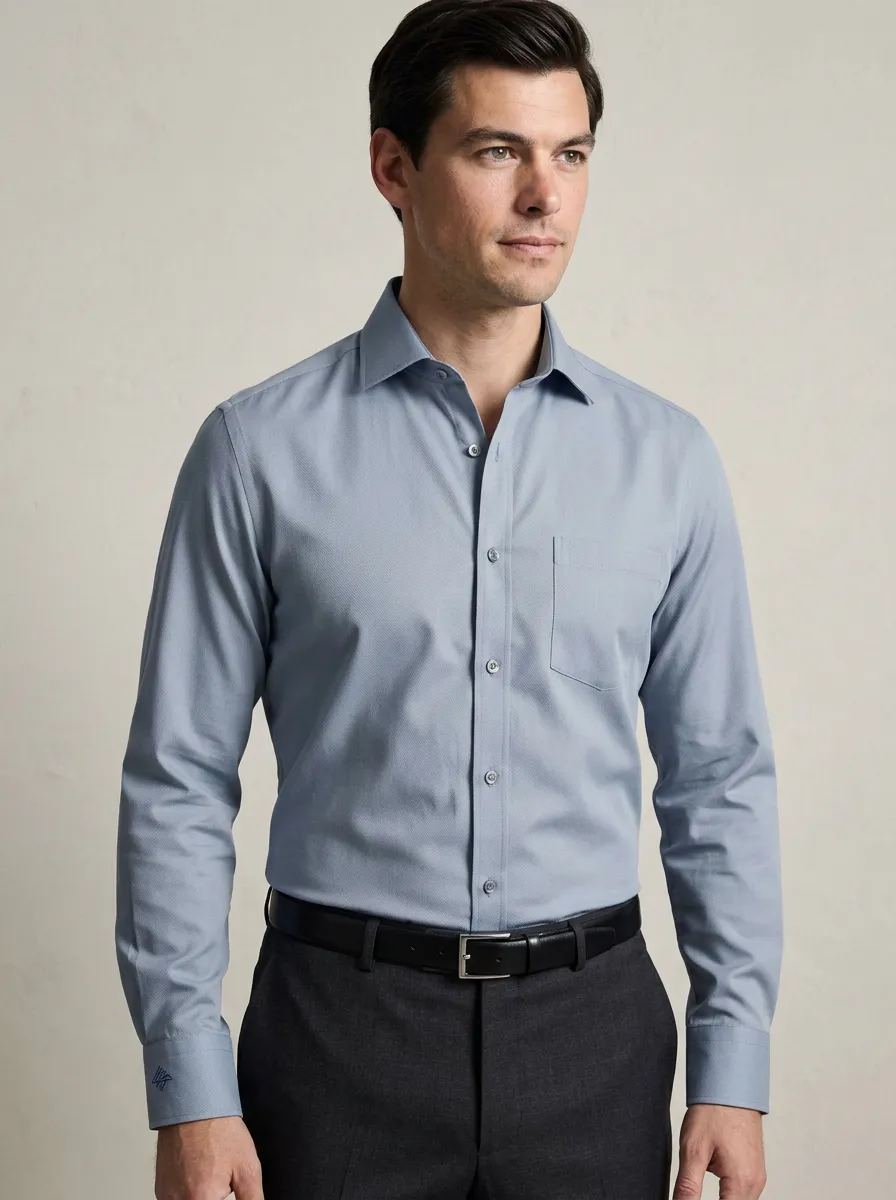 Men's Business Casual Non-Iron Cotton Solid Blue Long Sleeve Shirt