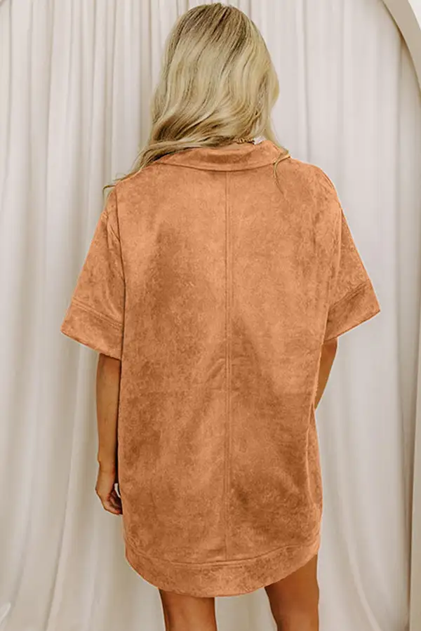 Thai Curry Collared V Neck Faux Suede Short Sleeve Shift Mini Dress