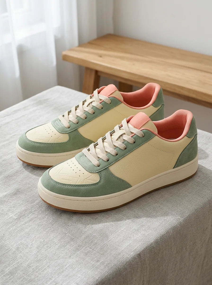 Women's Pastel Green Cream Colorblock Lace-up Casual Sneakers