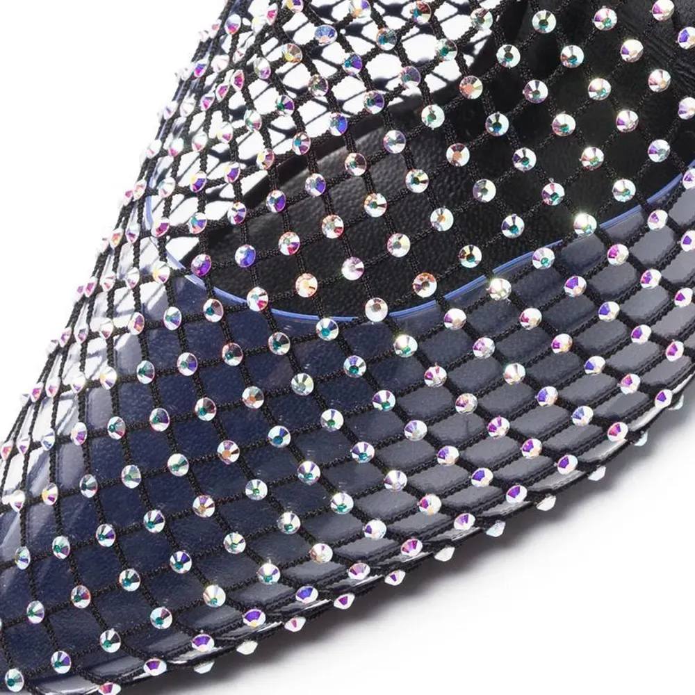 Fishnet Mesh Rhinestone Pointed-Toe Over-the-Knee Boots
