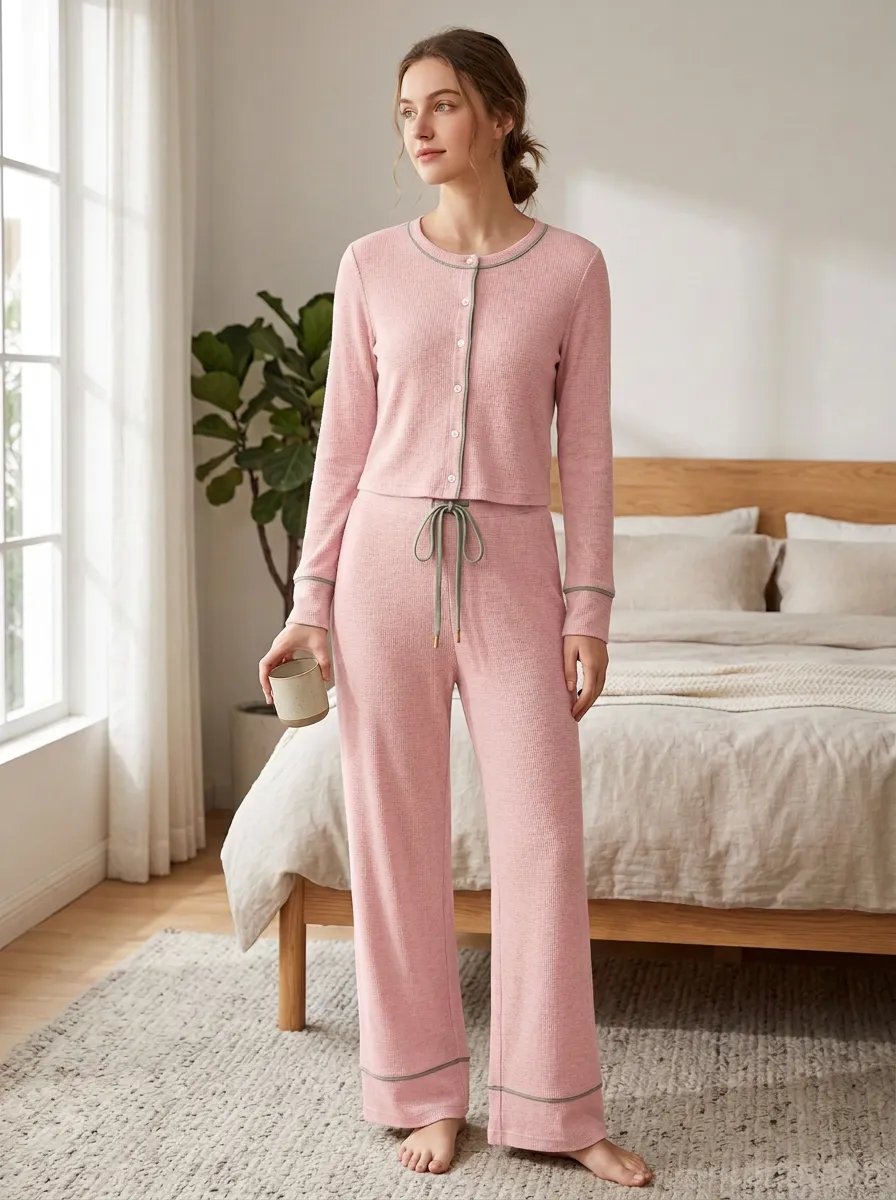 Women's Casual Beige Waffle Knit Button-Down Loungewear Set