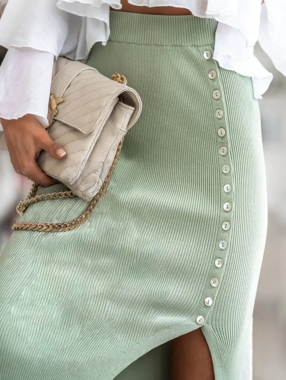 Ribbed Button Front Slit Midi Skirt