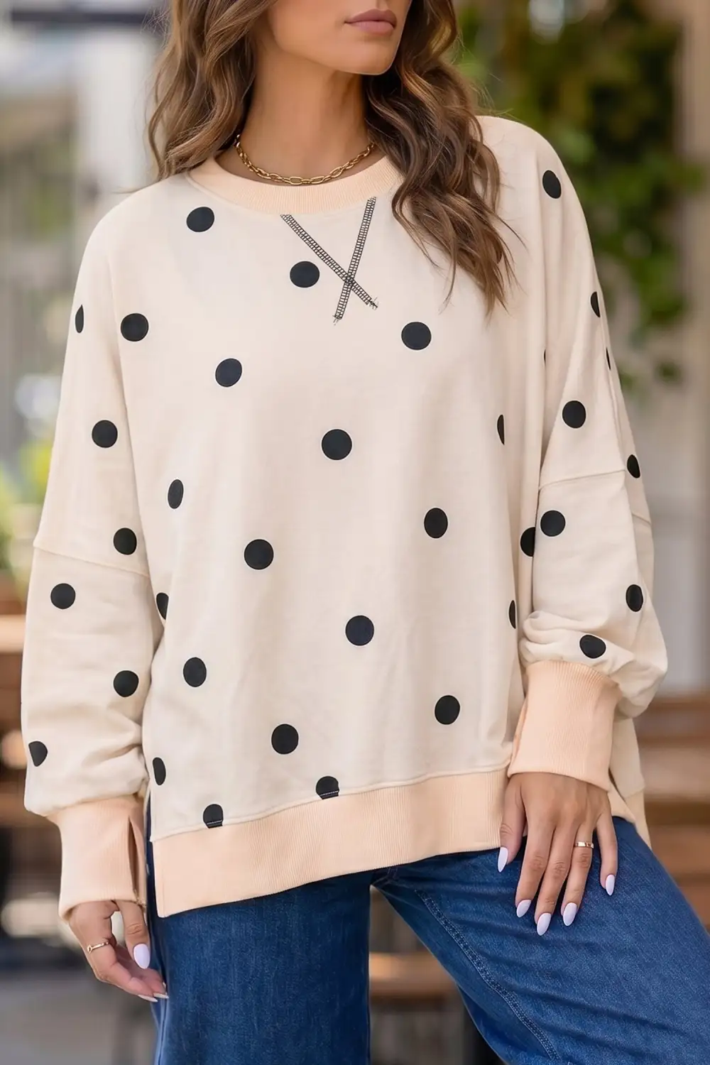 Women's Polka Dot Round Neck Long Sleeve Sweatshirt