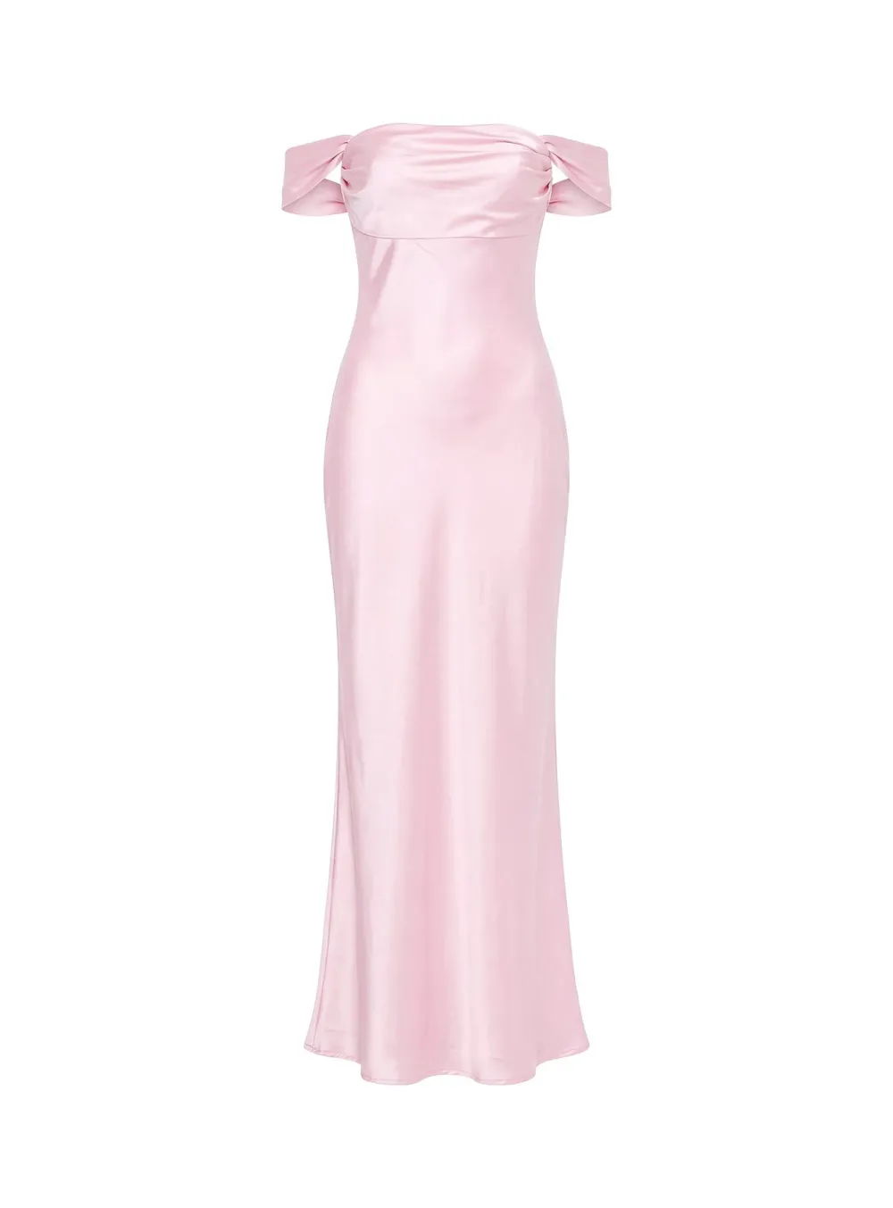 Pink Off-Shoulder Ruched Satin Maxi Dress