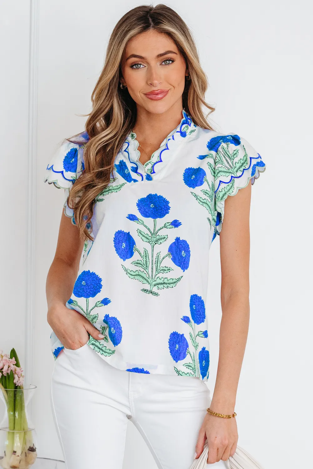 Blue Wild Flower Print Contrast Blouse