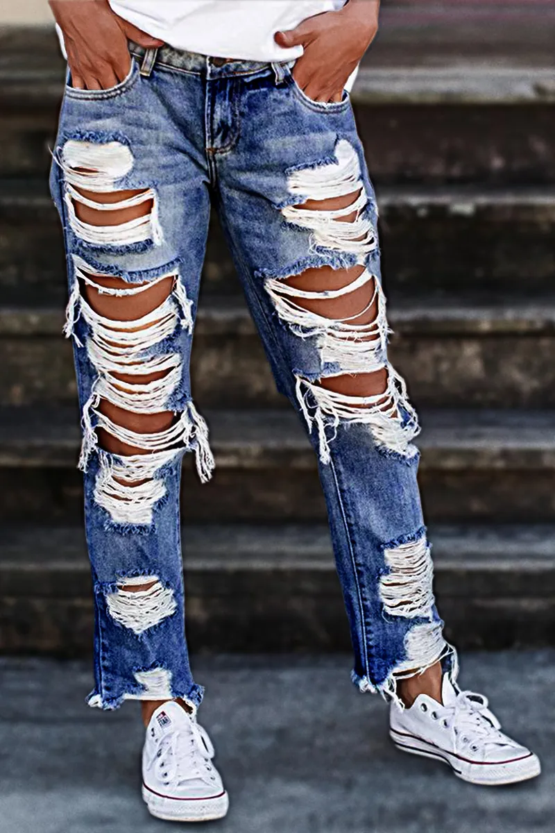 Distressed Low Rise Straight Leg Jeans