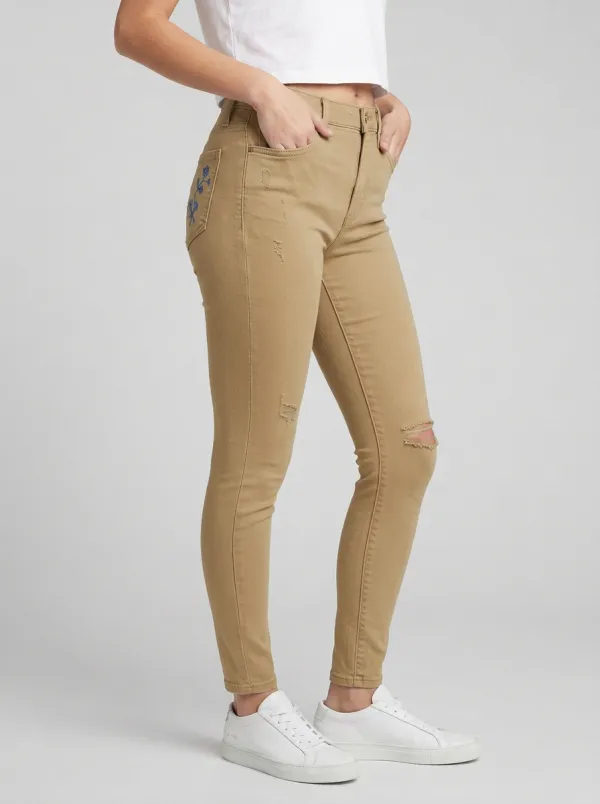 Women's Heritage Floral Embroidery Distressed Printed Slim Jeans