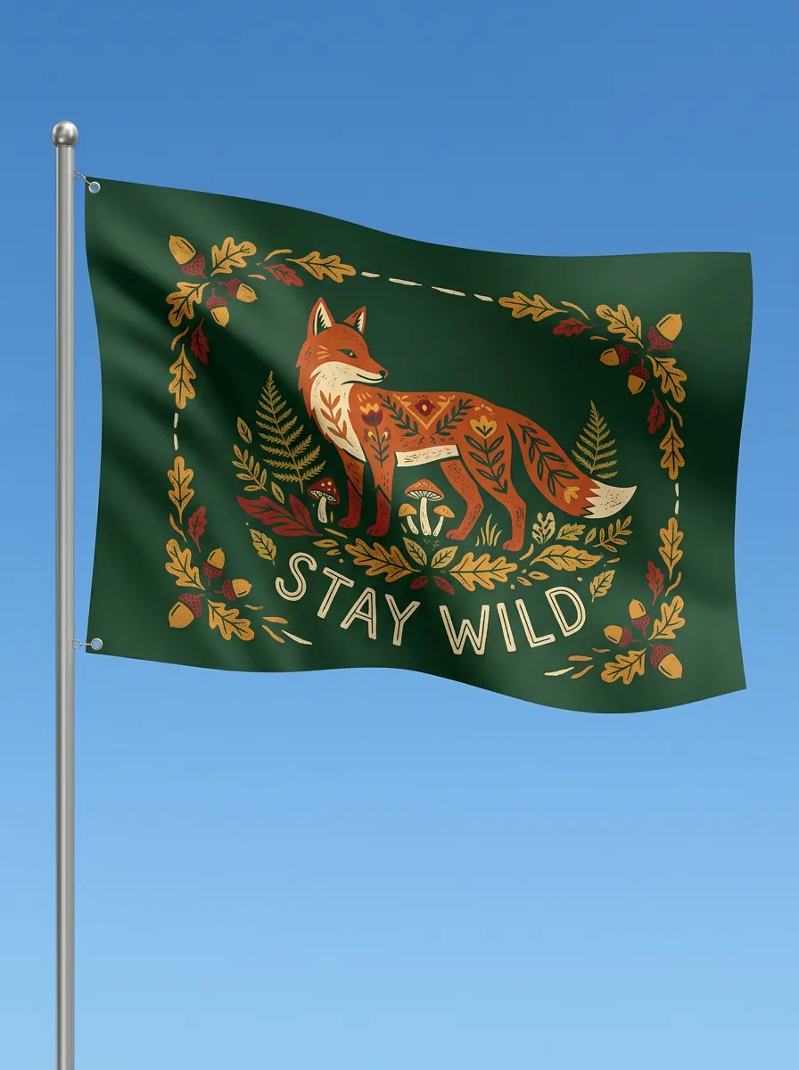Stay Wild Fox Mushroom Nature Flag