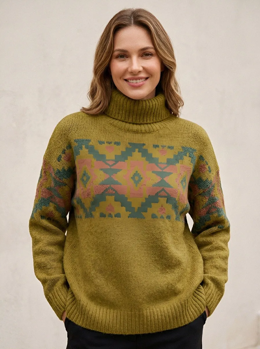 Women's Boho Style Geometric Pattern Printed Turtleneck Sweater