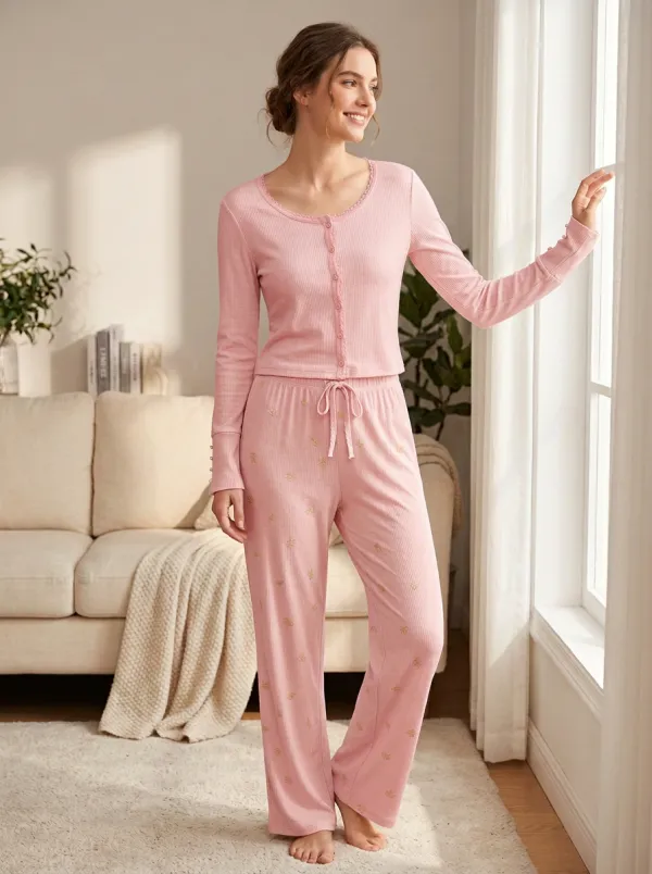 Women's Minimalist Floral Ribbed Button-Down Loungewear Set