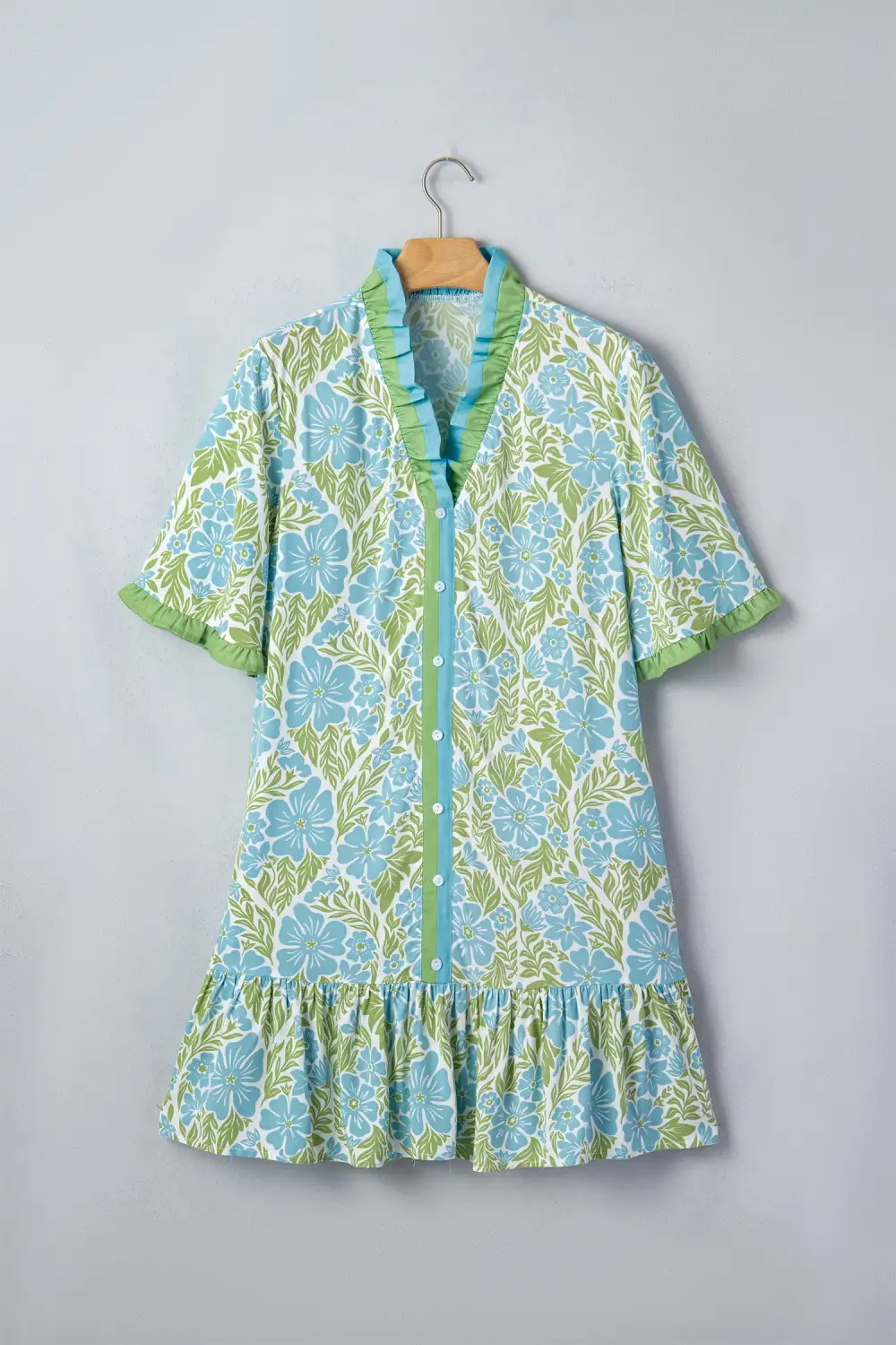 Women's Floral Print V Neck Loose Fit Button Front Dress