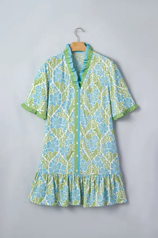 Women's Floral Print V Neck Loose Fit Button Front Dress