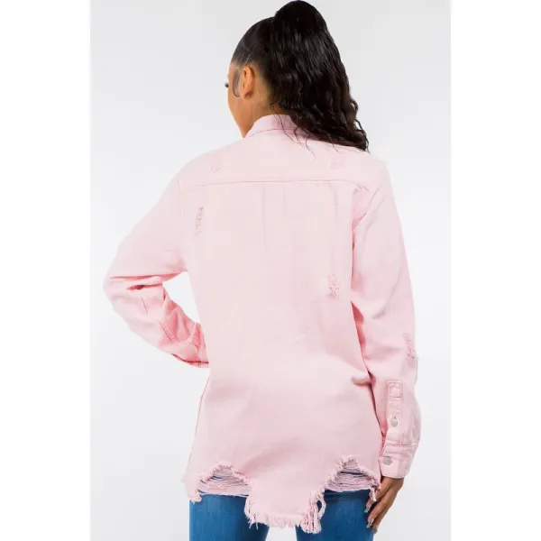 Frayed Hem Distressed Denim Jacket
