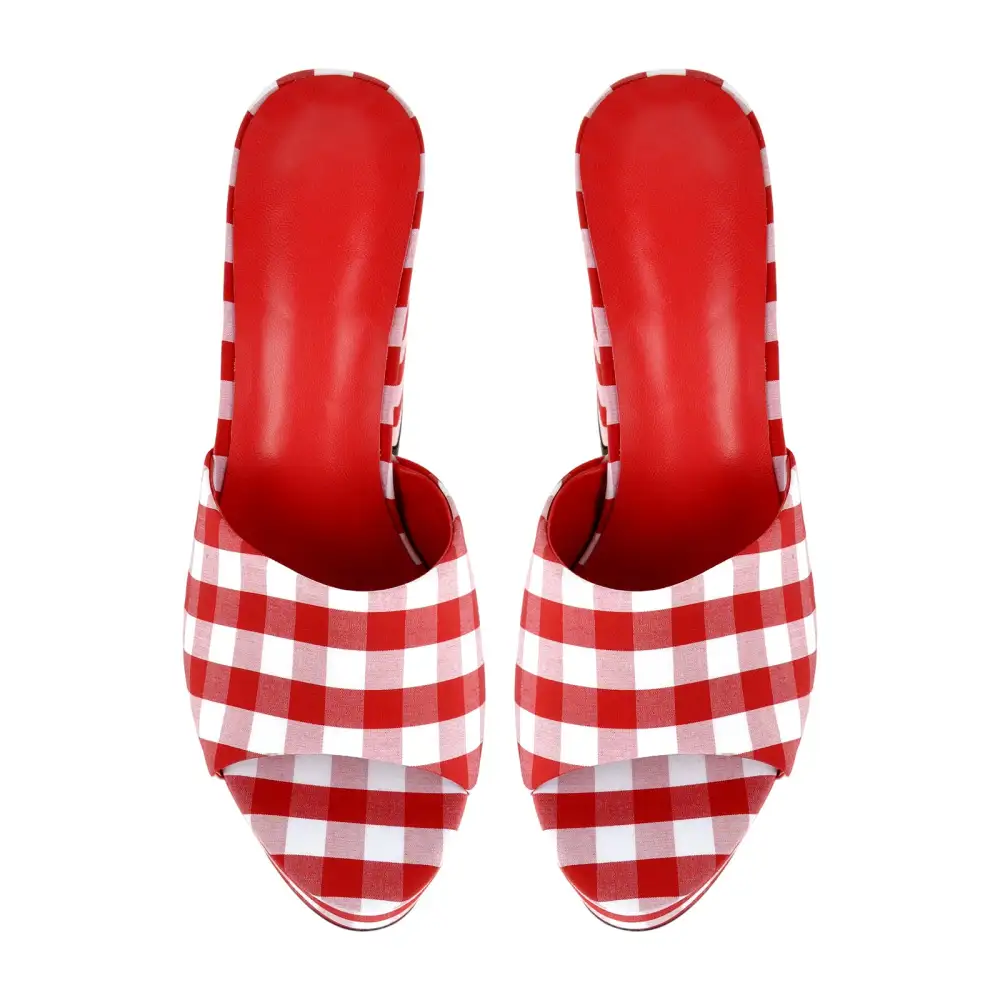 Round Toe Platform Plaid Chunky Heel Mule Sandals