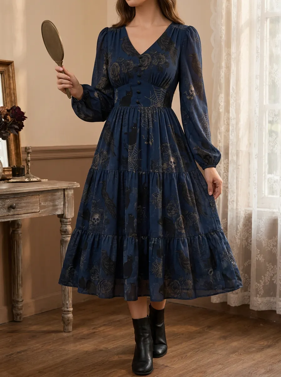 Women's Halloween Gothic Skull Cat Spiderweb Printed Dress