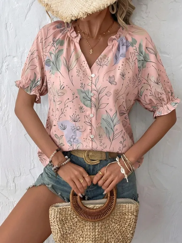 Women's Boho Floral Butterfly Botanical Printed V-Neck Blouse