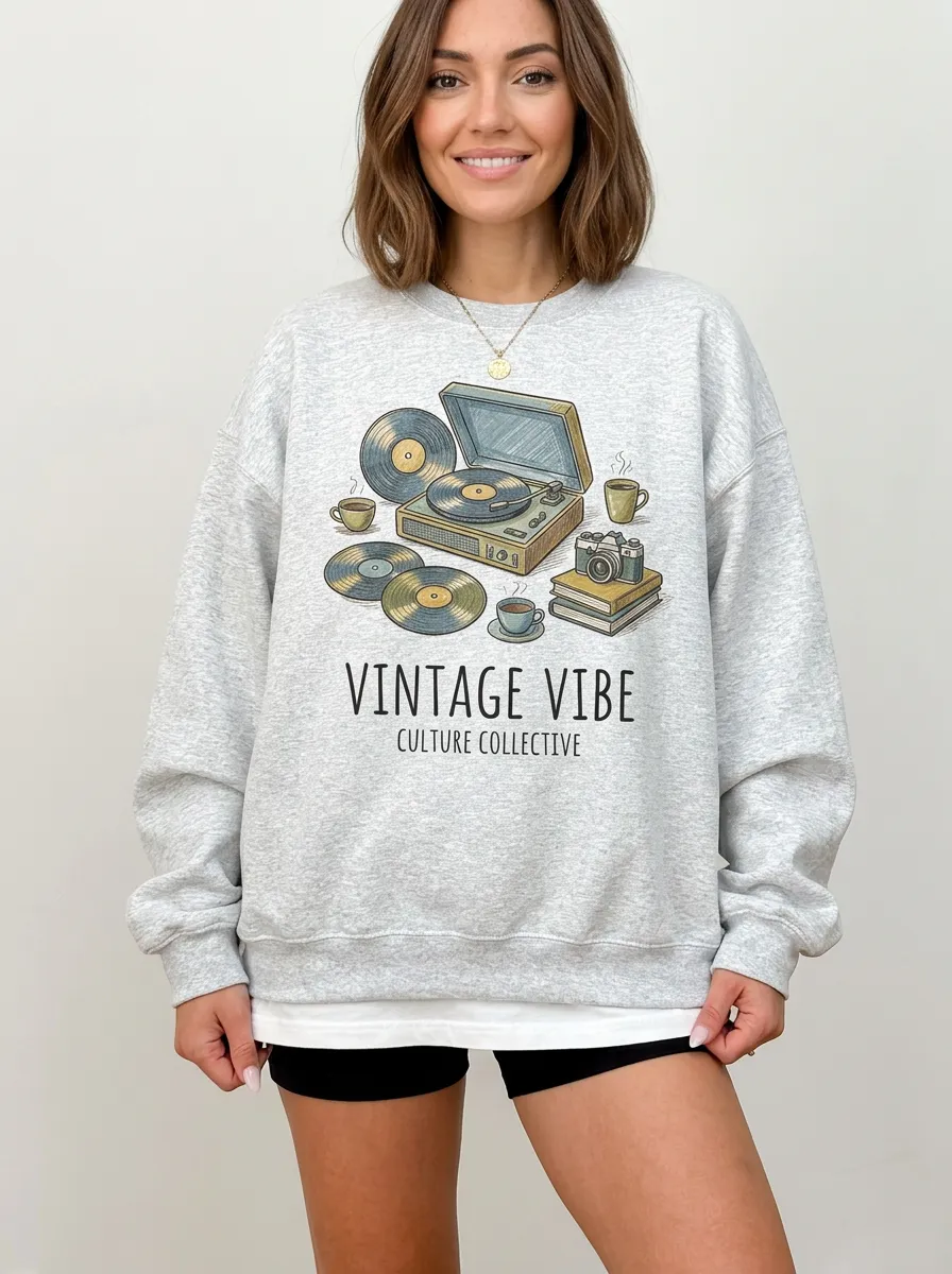 Women's Retro Music Lover Vinyl Record Camera Printed Sweatshirt