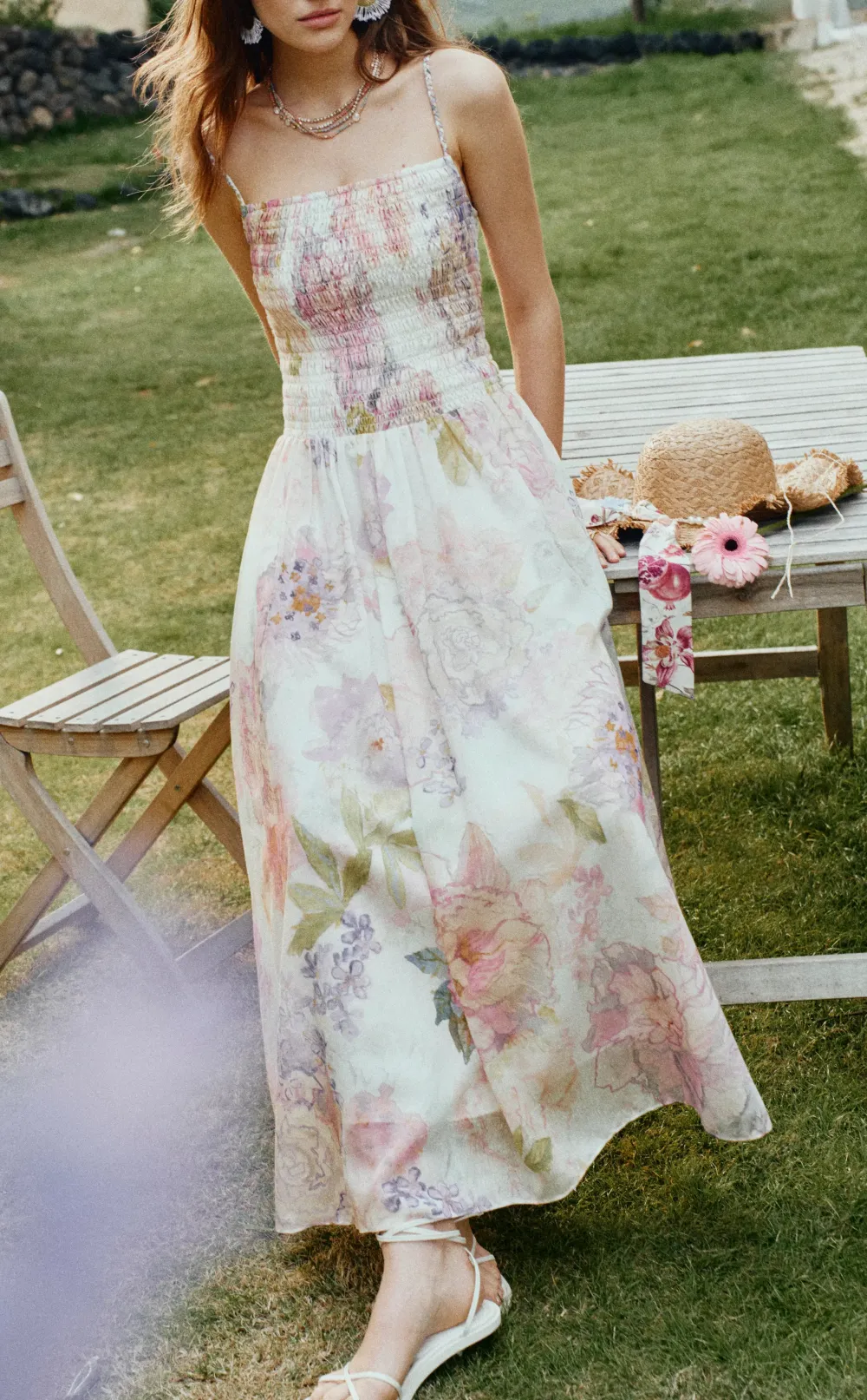 Strap Handcrafted Floral Silk Linen Blend Maxi Dress