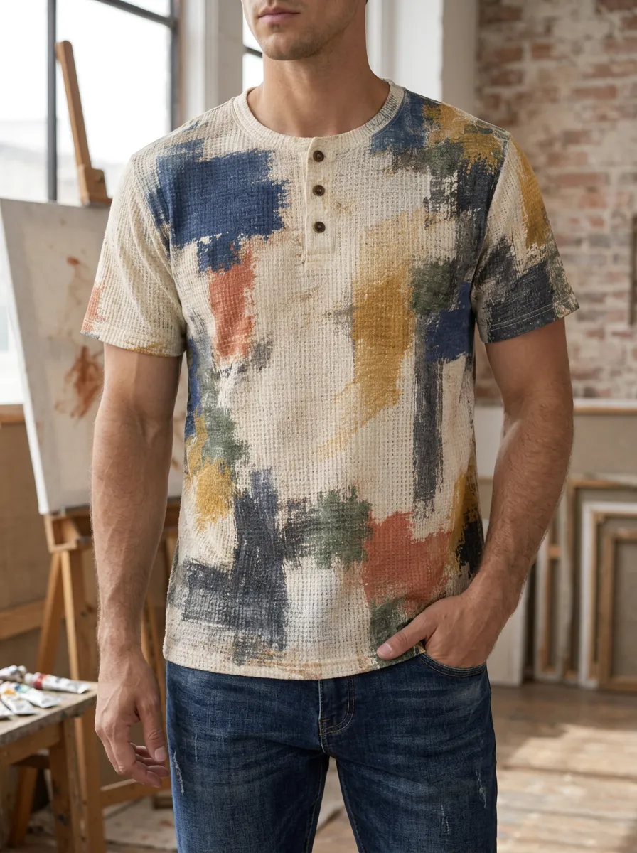 Men's Refined Abstract Paint Stroke Waffle Knit Henley T-Shirt