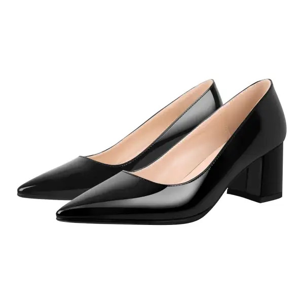 Patent Finish Pointed Toe Chunky Heel Slip On Pumps