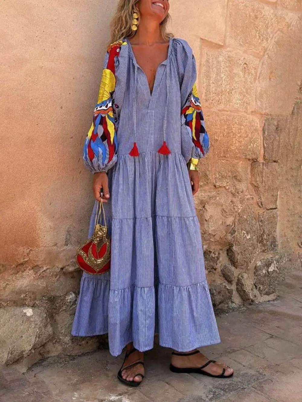 Peacock Pattern Stripe Print Maxi Dress