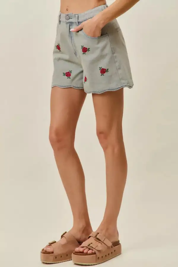 So Me Embroidery High Rise Scallop Hem Denim Shorts