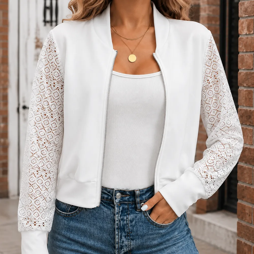 Floral Crochet Sleeve Stand Collar Jacket