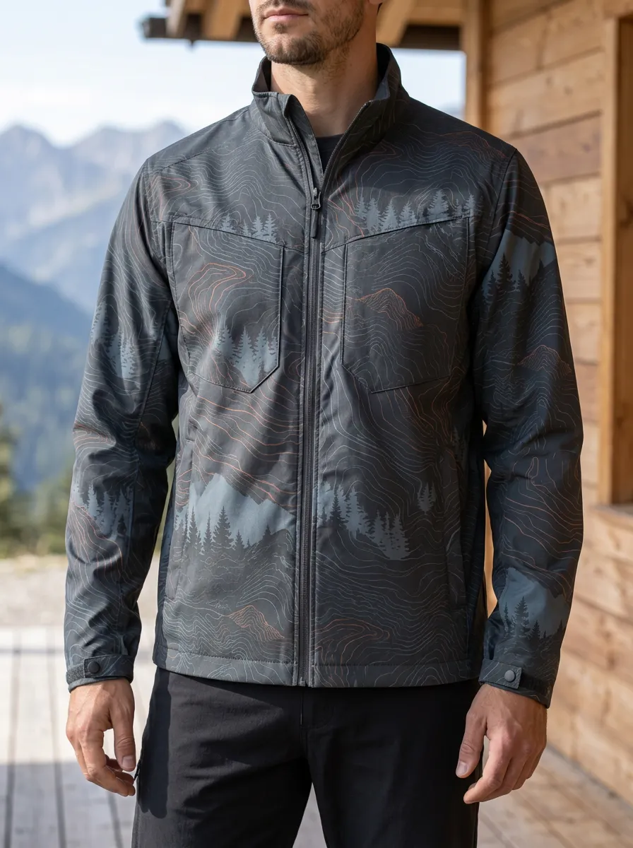Men's Outdoor Hiking Mountain Forest Topographic Rugged Adventure Jacket