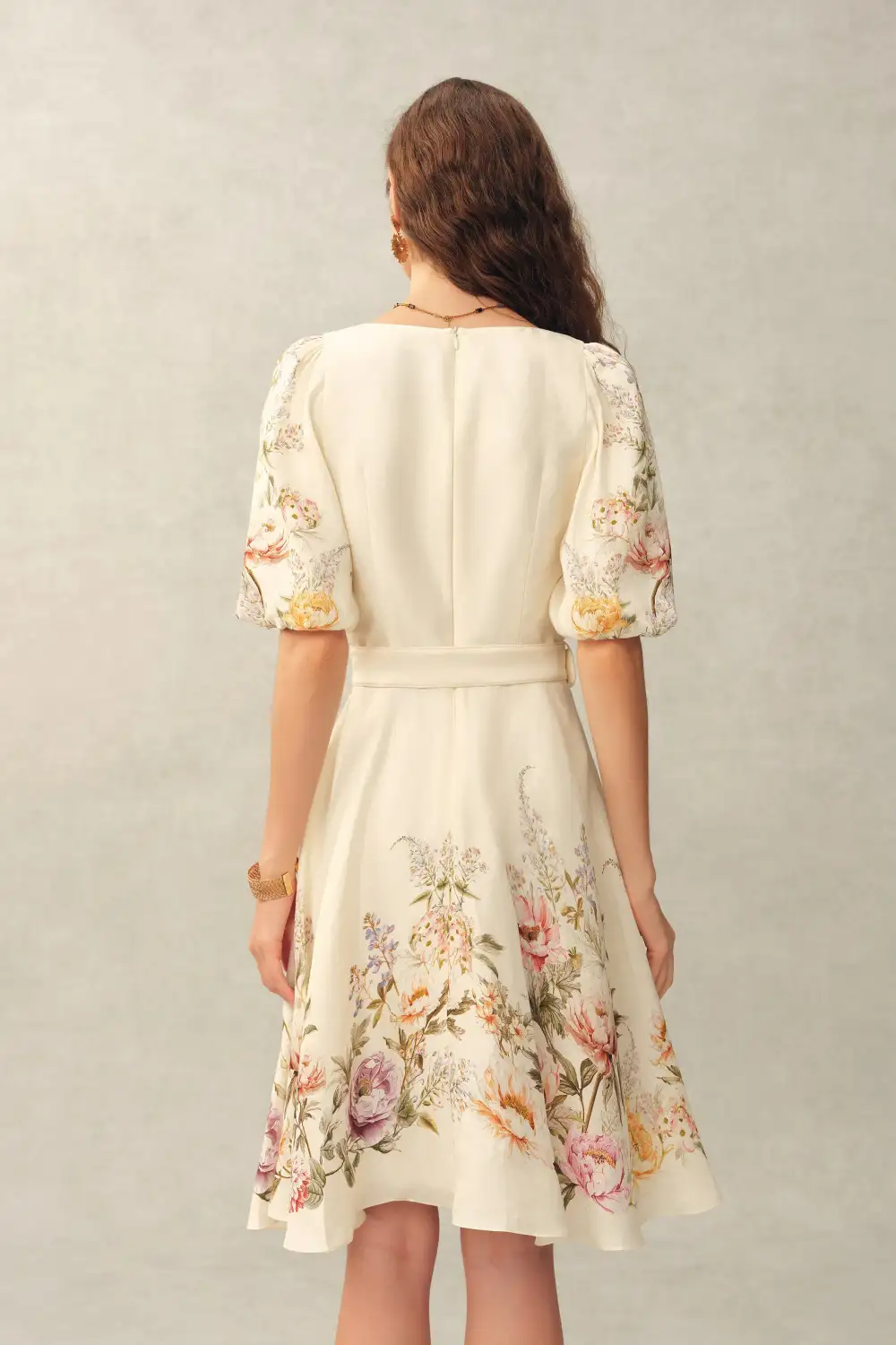 Puff Sleeve Belted Hand-Painted Floral Silk Linen Blend Mini Dress