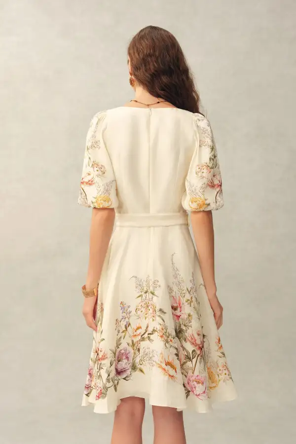 Puff Sleeve Belted Hand-Painted Floral Silk Linen Blend Mini Dress