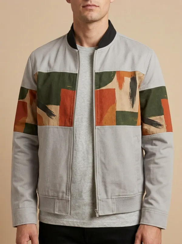Men's Abstract Geometric Brushstroke Printed Bomber Jacket