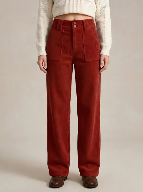 Women's Botanical Lover Ginkgo Leaf Embroidered Corduroy Pants