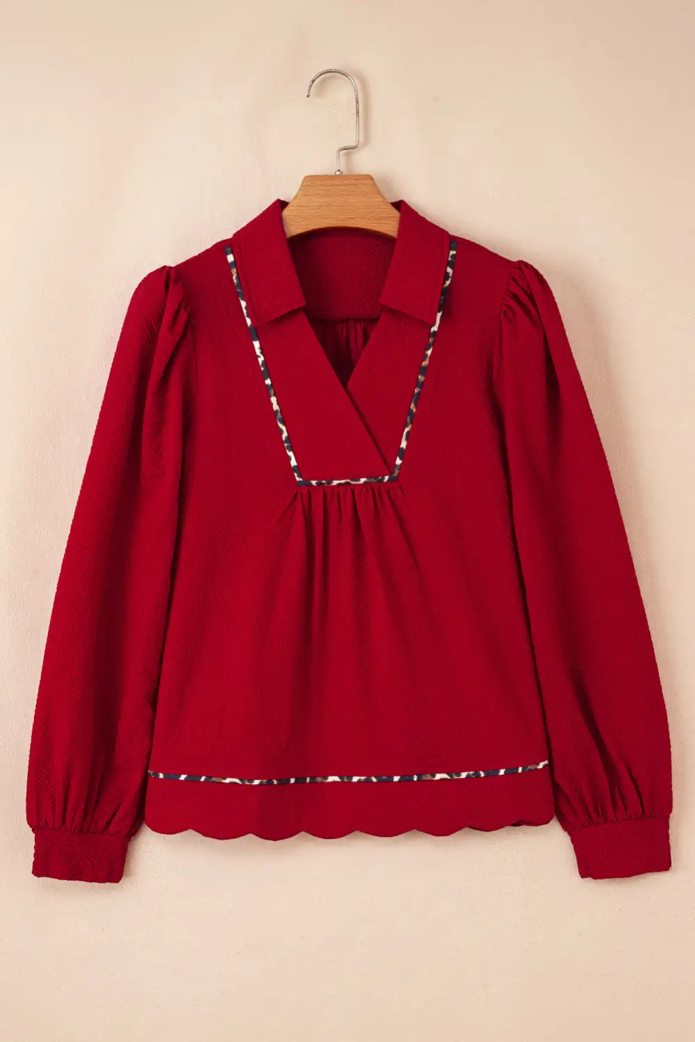 Fiery Red Collar V Neck Leopard Contrasted Trim Textured Blouse