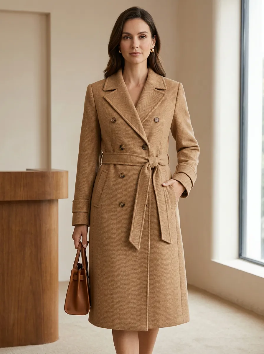 Women's Classic Herringbone Pattern Belted Wool Coat