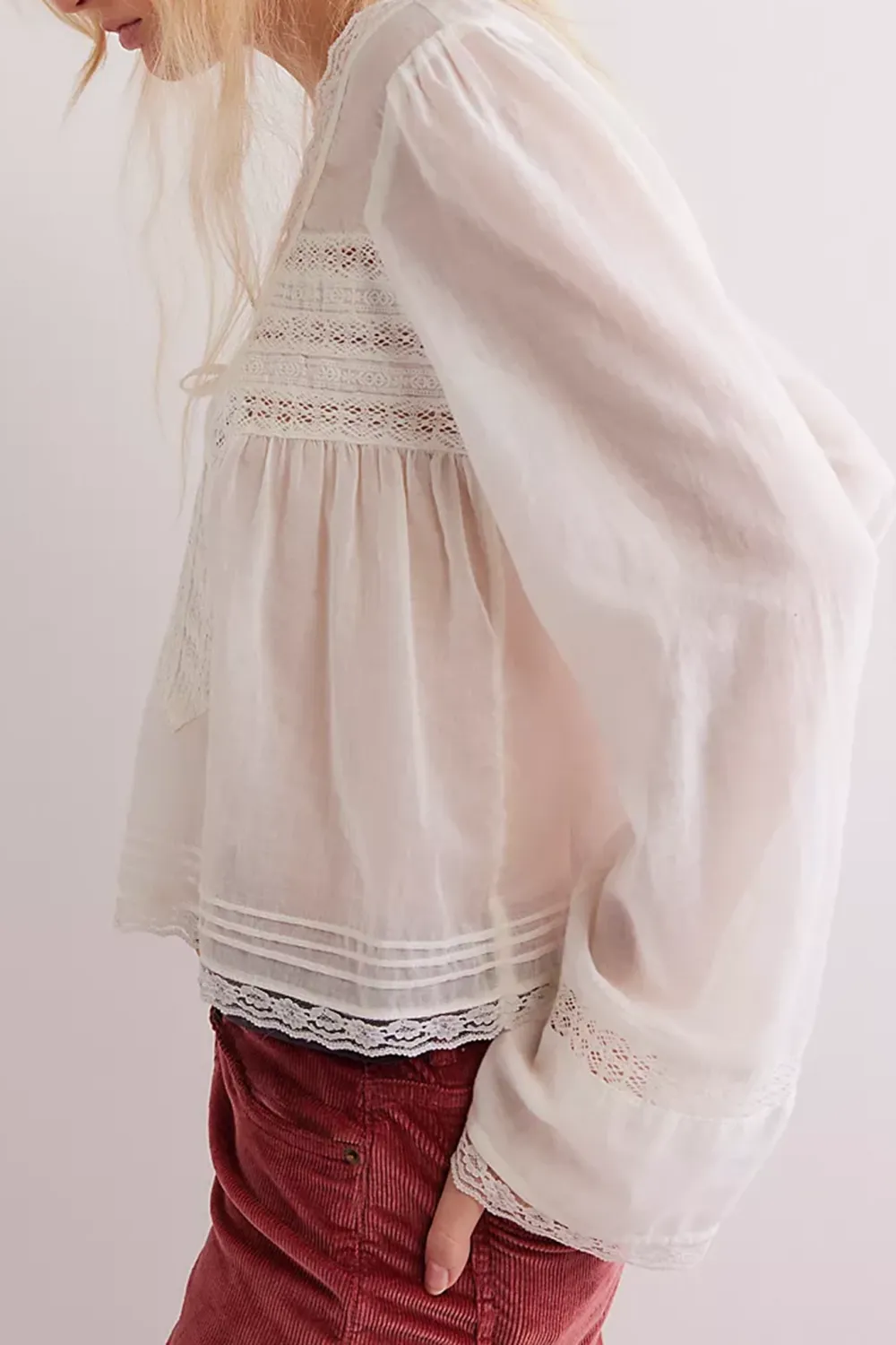 Lace Trimmed Long Sleeve Blouse
