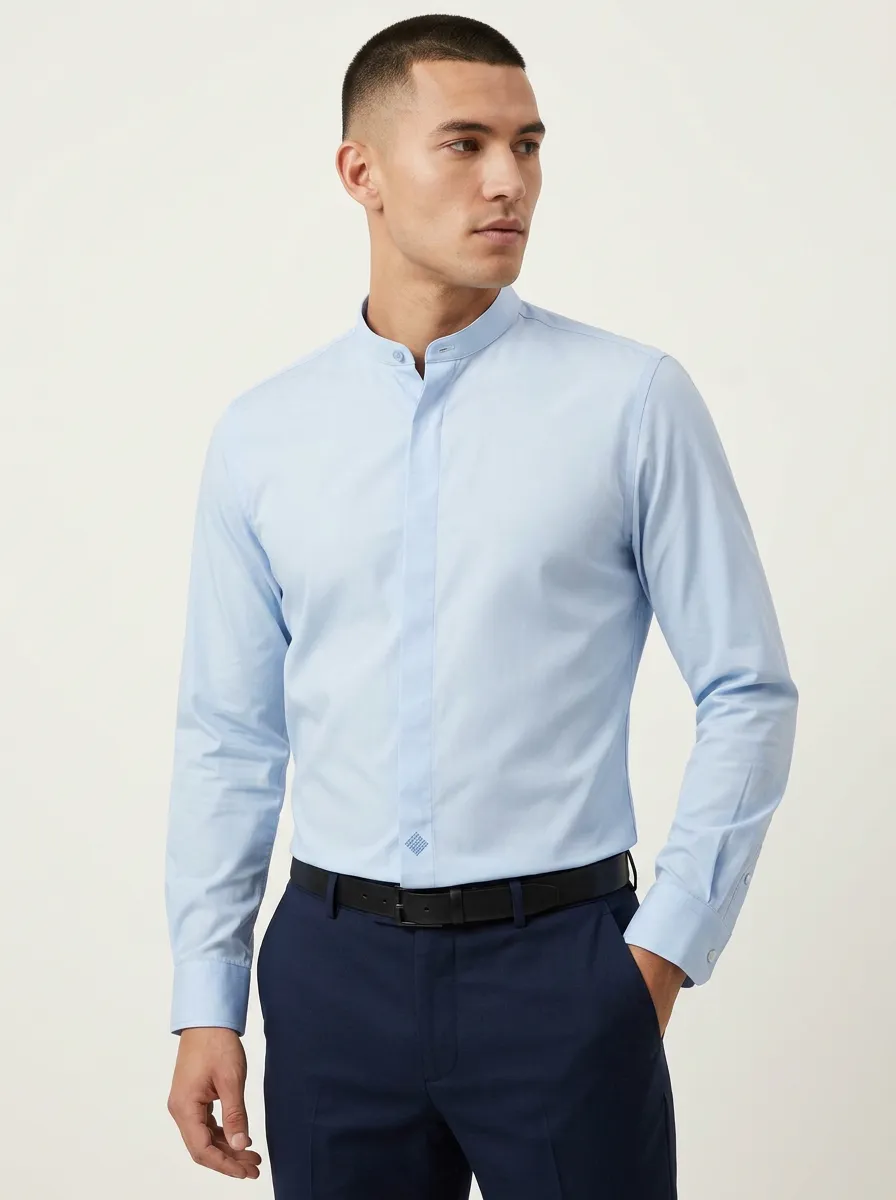 Men's Non-Iron Cotton Mandarin Collar Long Sleeve Shirt