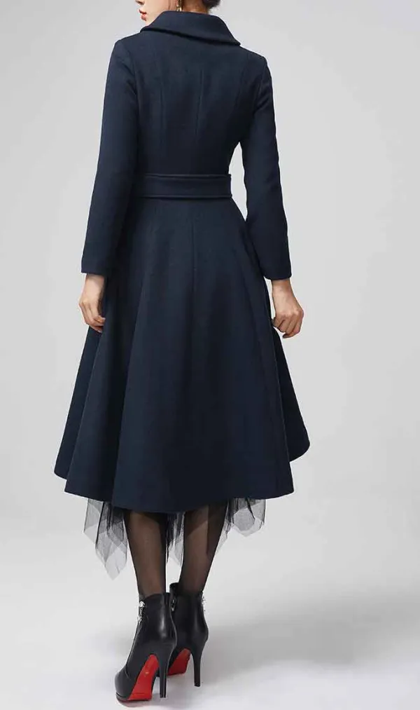 Classic Wool Blend Fit and Flare Belted Lapel Collar Pocketed Coat