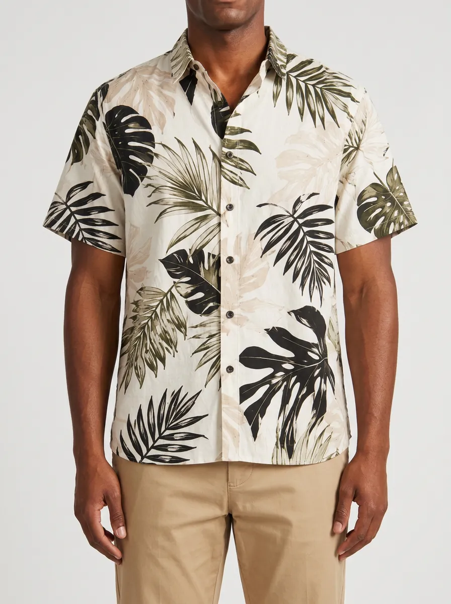Men's Tropical Leaf Print Short Sleeve Shirt with All-Over tropical leaf print, and