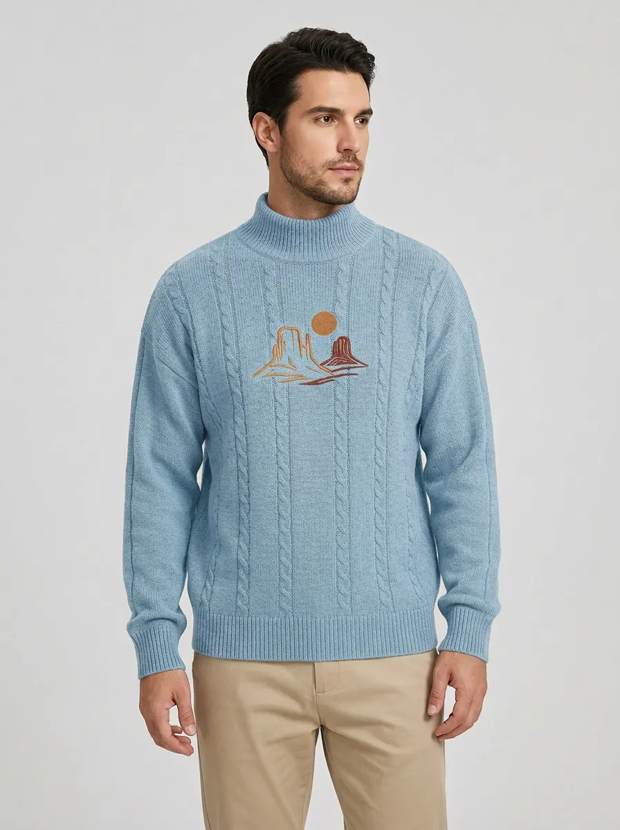 Men's Desert Landscape Embroidered Cable-Knit Mock-Neck Sweater