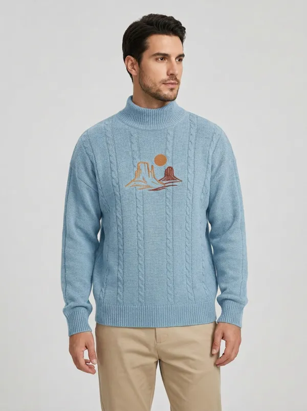 Men's Desert Landscape Embroidered Cable-Knit Mock-Neck Sweater