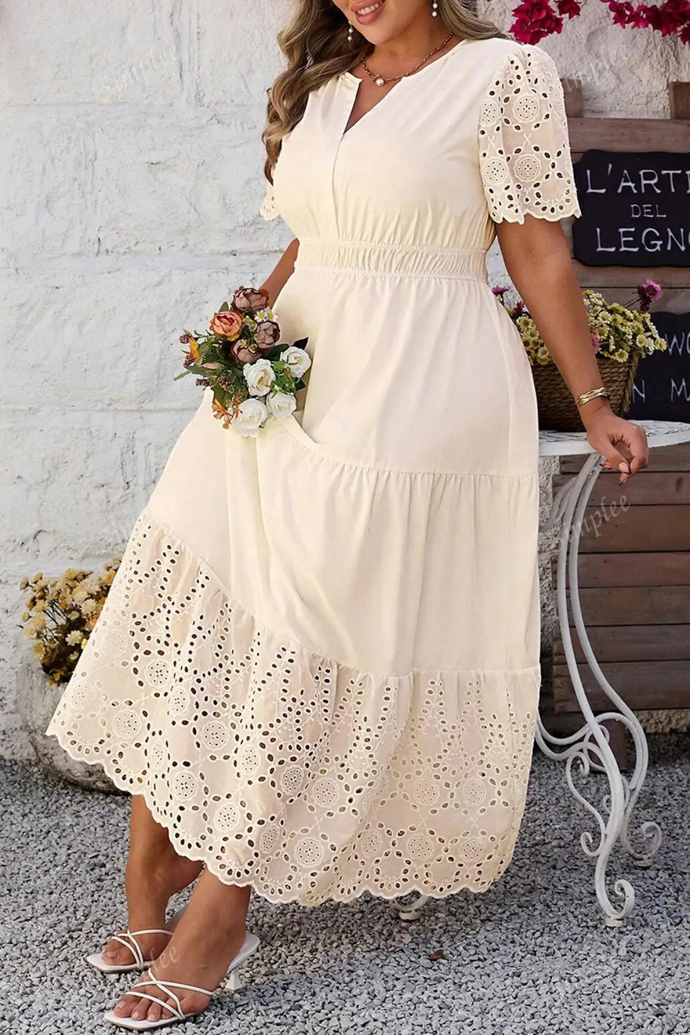 Classic Plus Fit V Neck Lacy Embroidery Patchwork Short Sleeve Maxi Dress