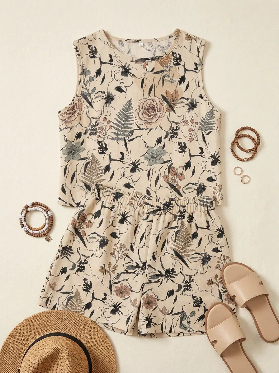 Women's Boho Floral Botanical Printed Sleeveless Shorts Set