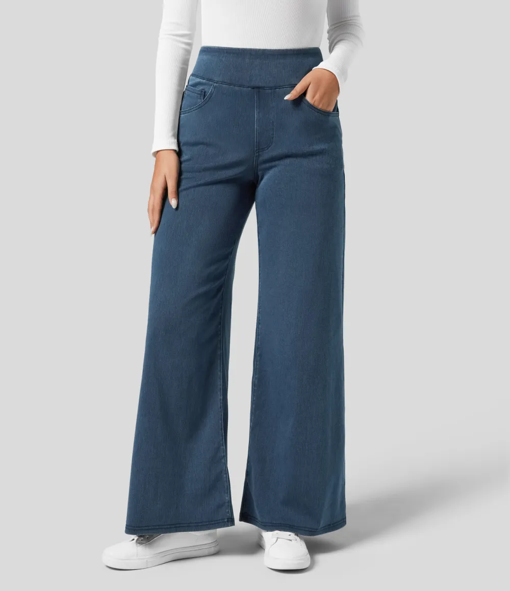 Magic High Waisted Multiple Pockets Wide Leg Loose Stretchy Knit Work Jeans