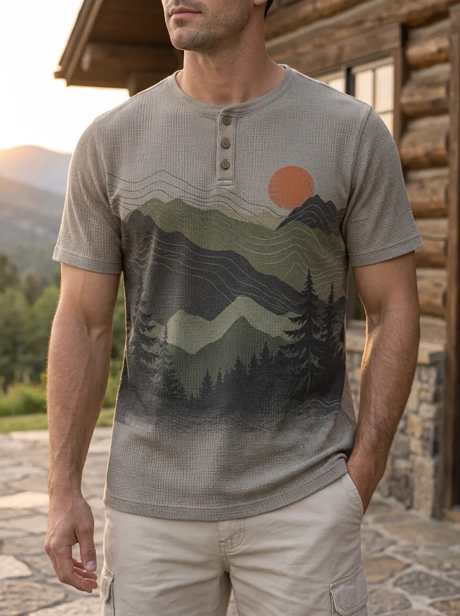 Men's Easygoing Nature Lover Mountain Forest Sunset Henley T-Shirt