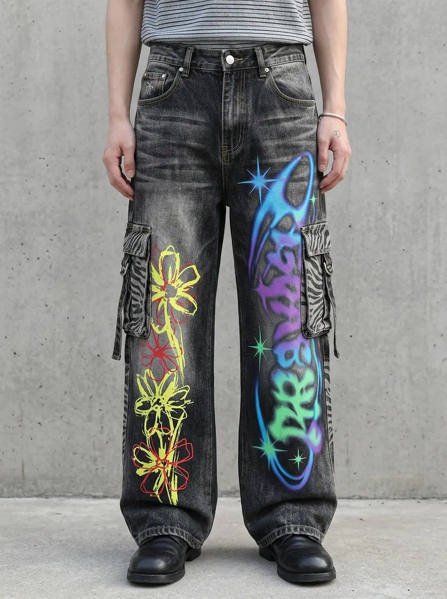 Men's Floral Graffiti Zebra Cargo Jeans